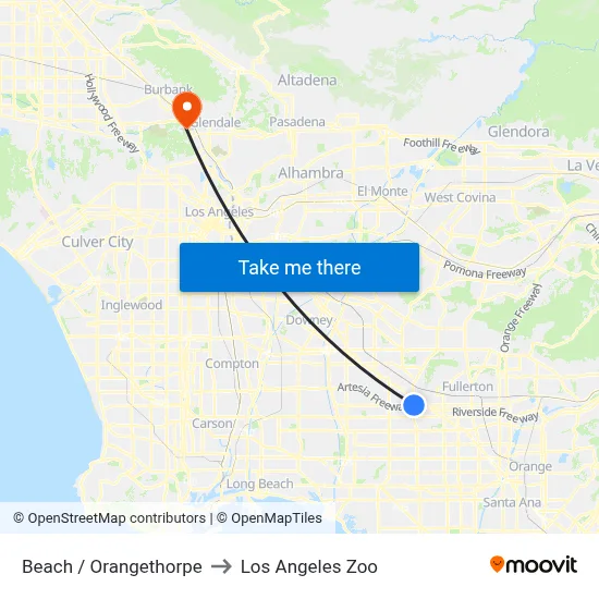 Beach / Orangethorpe to Los Angeles Zoo map