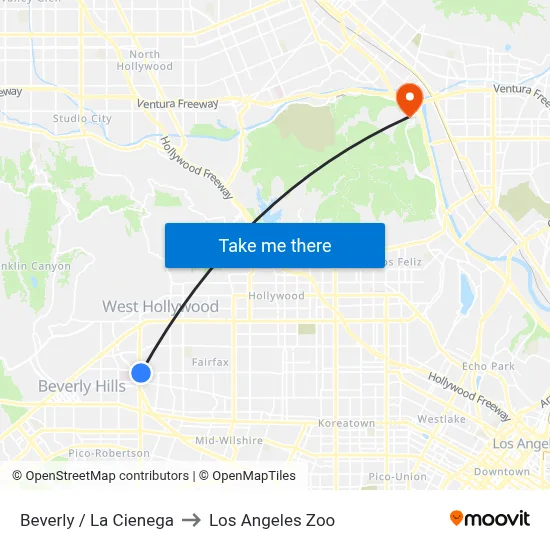Beverly / La Cienega to Los Angeles Zoo map