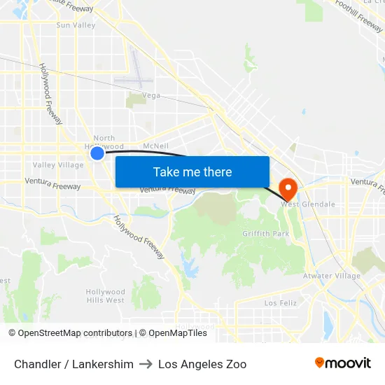 Chandler / Lankershim to Los Angeles Zoo map