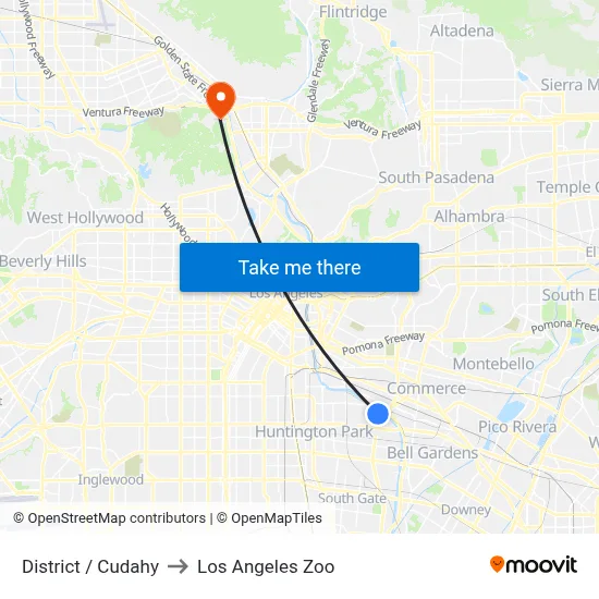 District / Cudahy to Los Angeles Zoo map