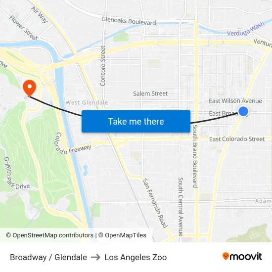 Broadway / Glendale to Los Angeles Zoo map