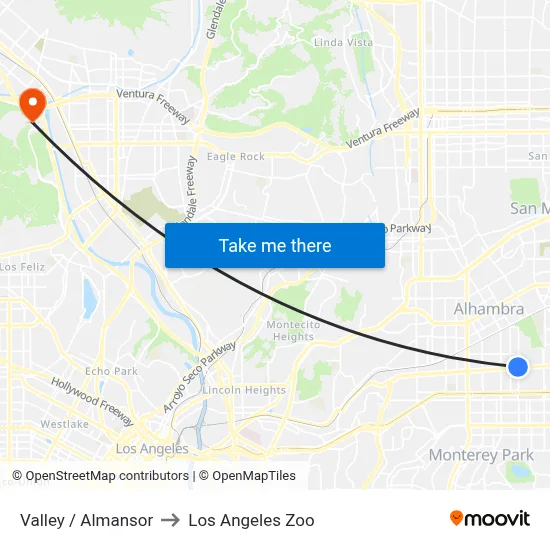 Valley / Almansor to Los Angeles Zoo map