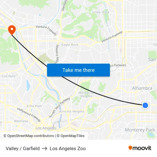 Valley / Garfield to Los Angeles Zoo map