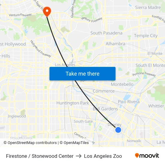 Firestone / Stonewood Center to Los Angeles Zoo map