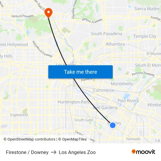 Firestone / Downey to Los Angeles Zoo map