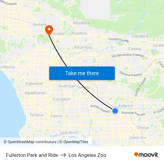 Fullerton Park and Ride to Los Angeles Zoo map