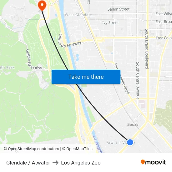 Glendale / Atwater to Los Angeles Zoo map