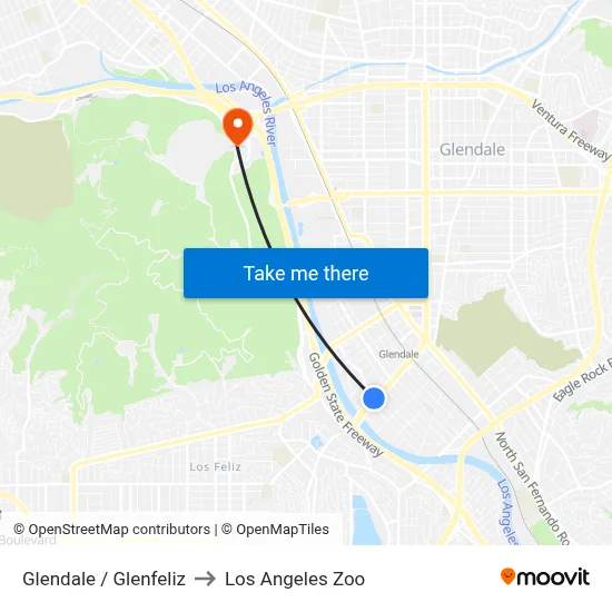 Glendale / Glenfeliz to Los Angeles Zoo map