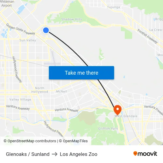 Glenoaks / Sunland to Los Angeles Zoo map