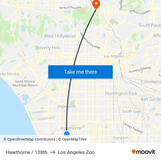 Hawthorne / 138th to Los Angeles Zoo map