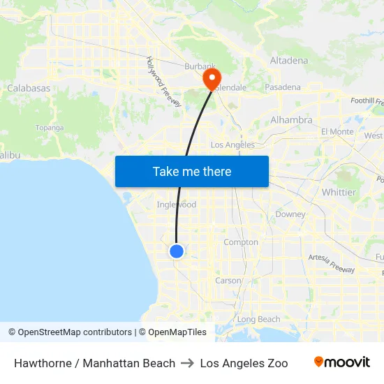 Hawthorne / Manhattan Beach to Los Angeles Zoo map