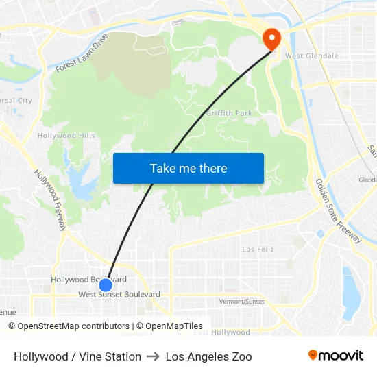 Hollywood / Vine Station to Los Angeles Zoo map