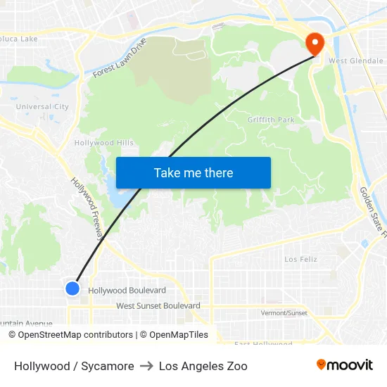 Hollywood / Sycamore to Los Angeles Zoo map