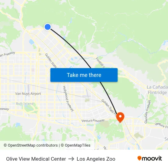 Olive View Medical Center to Los Angeles Zoo map