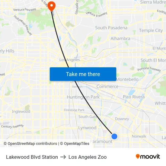 Lakewood Blvd Station to Los Angeles Zoo map