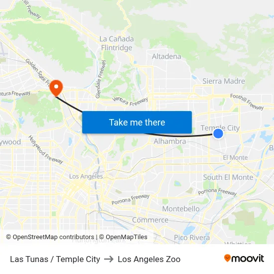 Las Tunas / Temple City to Los Angeles Zoo map