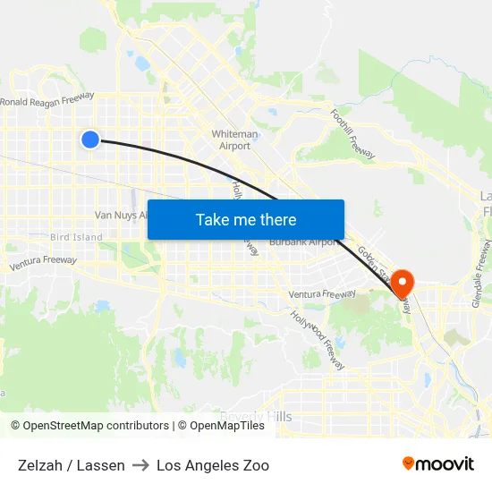 Zelzah / Lassen to Los Angeles Zoo map