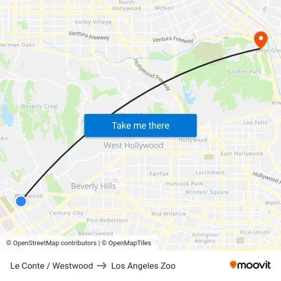 Le Conte / Westwood to Los Angeles Zoo map