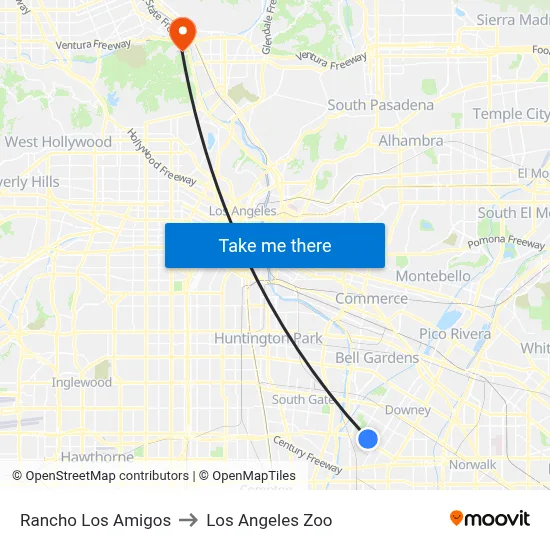 Rancho Los Amigos to Los Angeles Zoo map