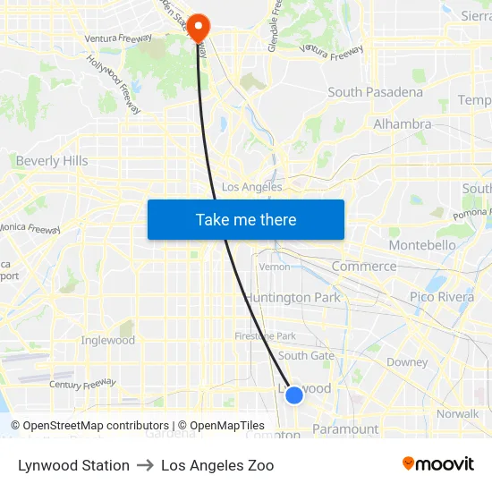 Lynwood Station to Los Angeles Zoo map