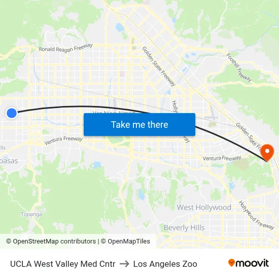 UCLA West Valley Med Cntr to Los Angeles Zoo map