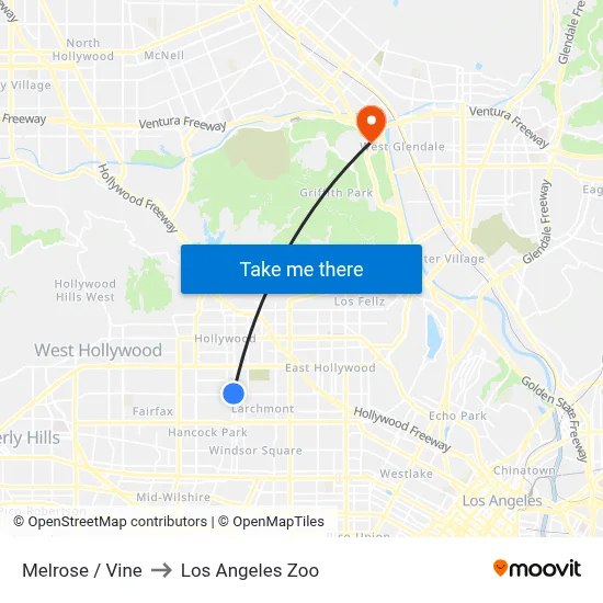 Melrose / Vine to Los Angeles Zoo map
