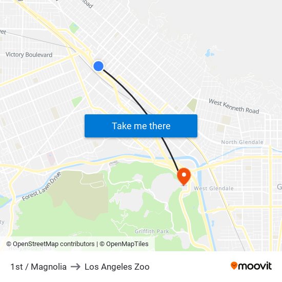 1st / Magnolia to Los Angeles Zoo map
