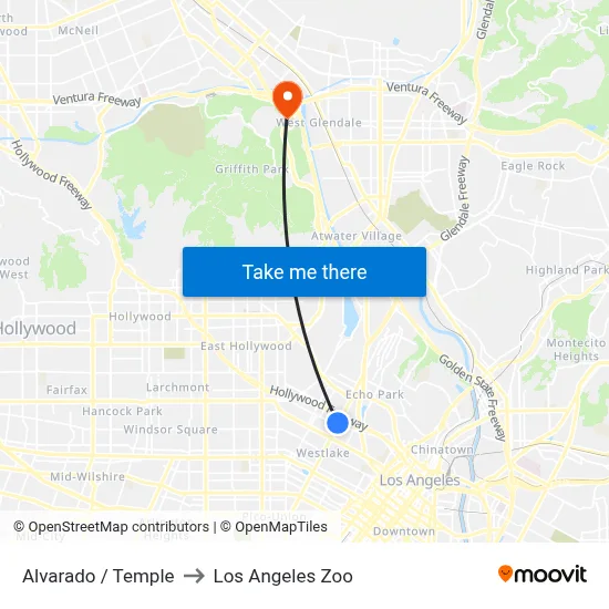 Alvarado / Temple to Los Angeles Zoo map