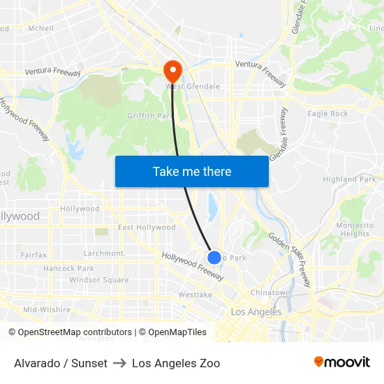 Alvarado / Sunset to Los Angeles Zoo map