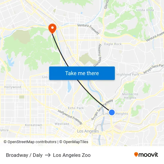 Broadway / Daly to Los Angeles Zoo map