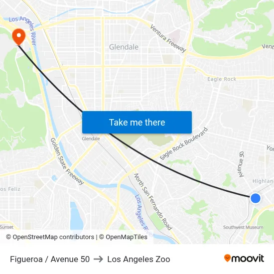 Figueroa / Avenue 50 to Los Angeles Zoo map