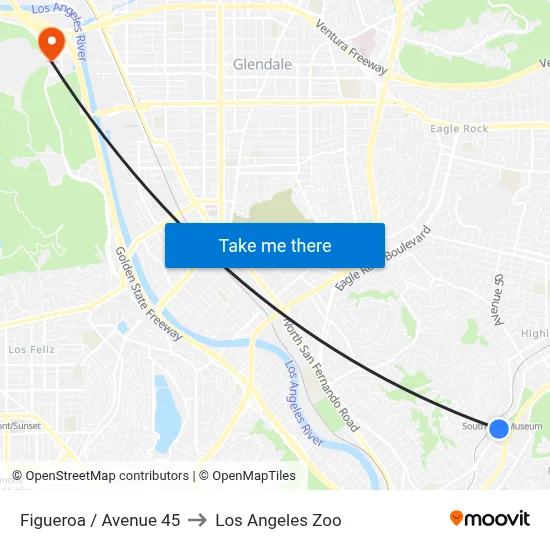 Figueroa / Avenue 45 to Los Angeles Zoo map