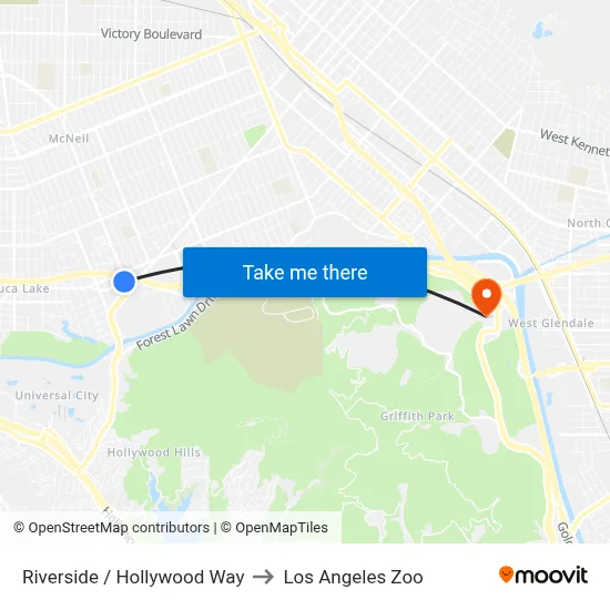 Riverside / Hollywood Way to Los Angeles Zoo map