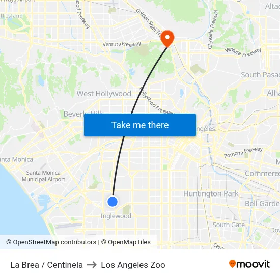 La Brea / Centinela to Los Angeles Zoo map