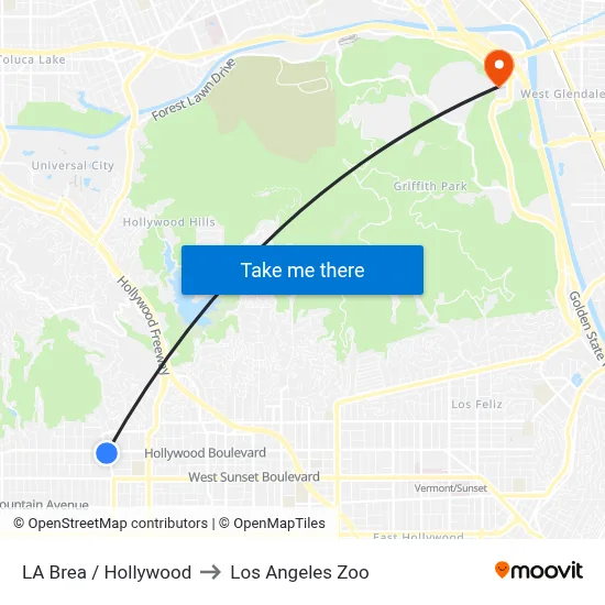 LA Brea / Hollywood to Los Angeles Zoo map