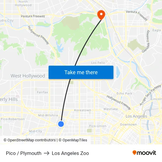 Pico / Plymouth to Los Angeles Zoo map