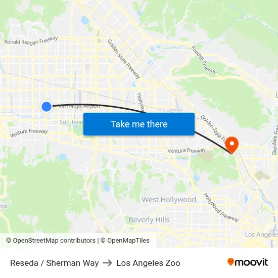 Reseda / Sherman Way to Los Angeles Zoo map