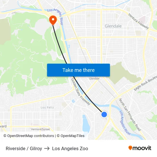 Riverside / Gilroy to Los Angeles Zoo map