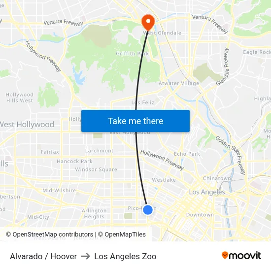 Alvarado / Hoover to Los Angeles Zoo map