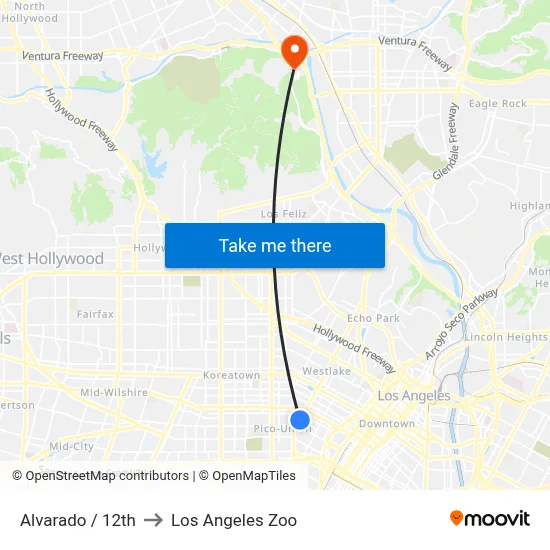 Alvarado / 12th to Los Angeles Zoo map