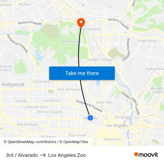 3rd / Alvarado to Los Angeles Zoo map