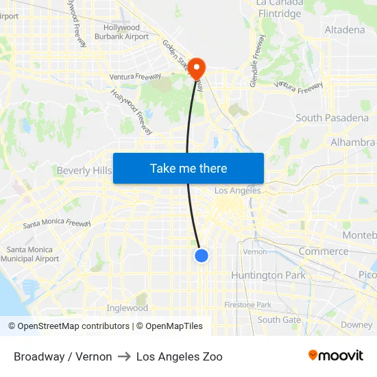 Broadway / Vernon to Los Angeles Zoo map