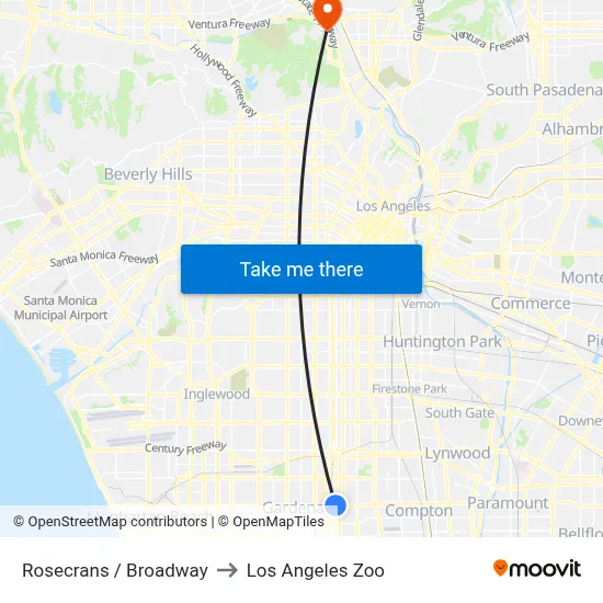 Rosecrans / Broadway to Los Angeles Zoo map