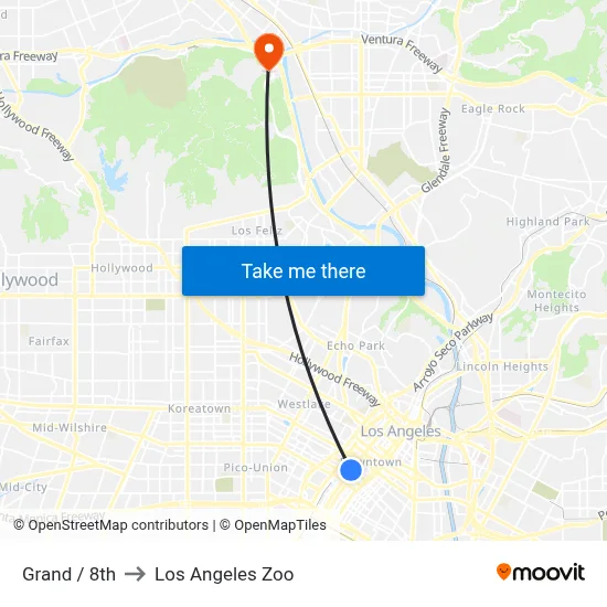 Grand / 8th to Los Angeles Zoo map