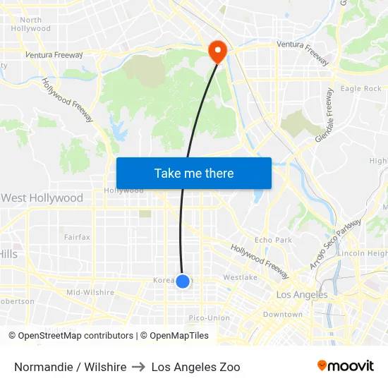 Normandie / Wilshire to Los Angeles Zoo map