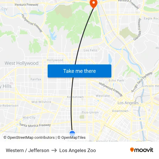 Western / Jefferson to Los Angeles Zoo map