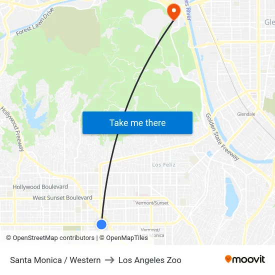 Santa Monica / Western to Los Angeles Zoo map