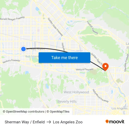 Sherman Way / Enfield to Los Angeles Zoo map