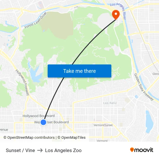 Sunset / Vine to Los Angeles Zoo map