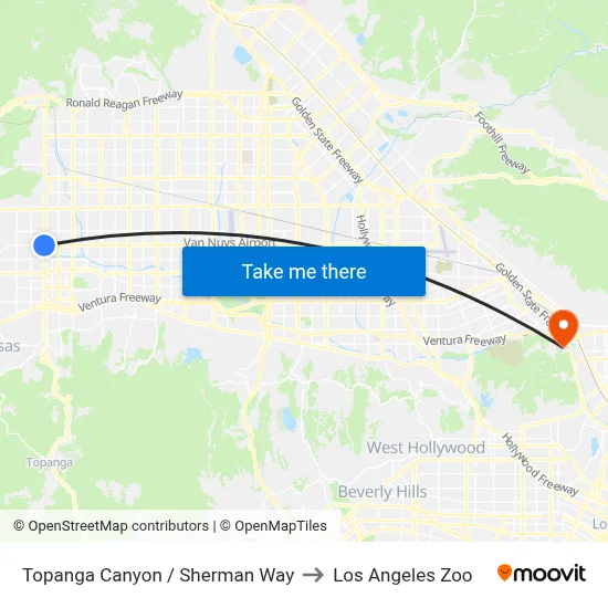 Topanga Canyon / Sherman Way to Los Angeles Zoo map
